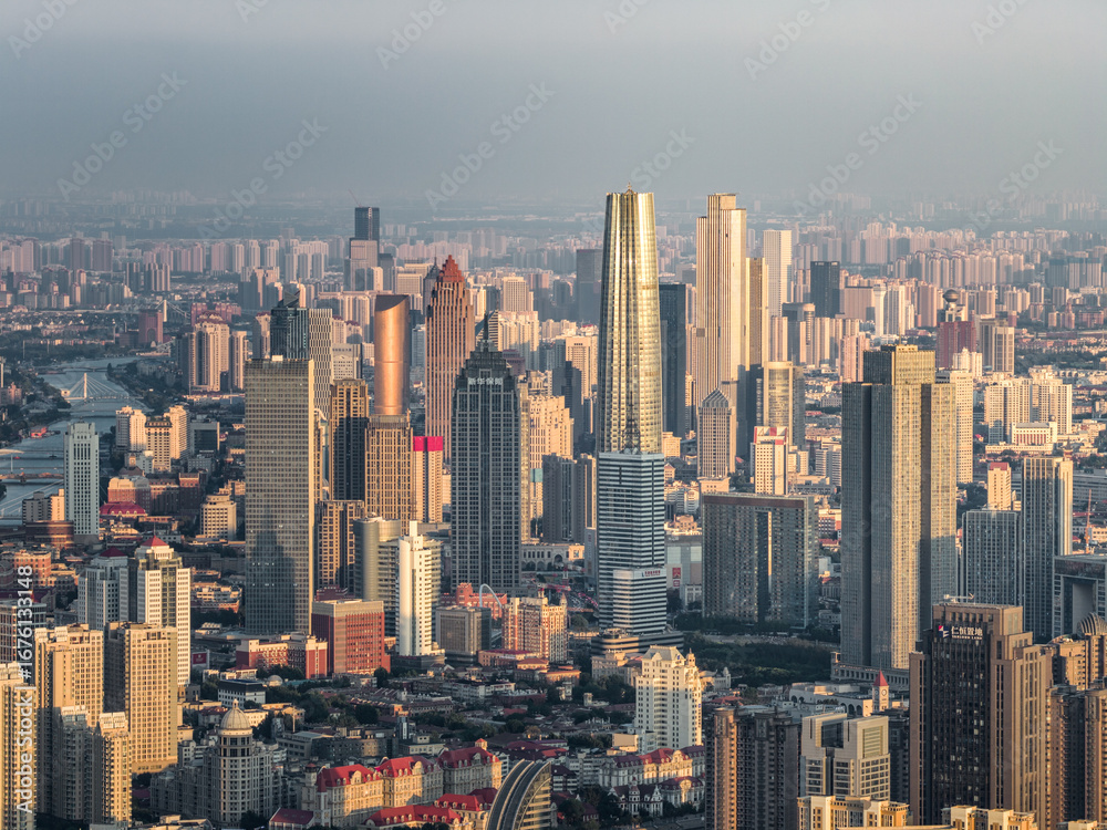 Obraz premium Aerial view of Tianjin city skyline at dusk time, Tianjin, China
