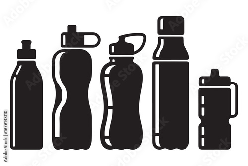 Set of silhouettes of water bottles. Vector black silhouette. with white background