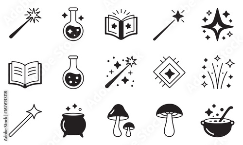 Fantasy and magic outline icons collection with sorcery, potion, cauldron, book, wand, sparkle, and mystical mushrooms for fairytale design