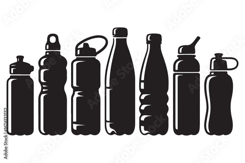 Set of silhouettes of water bottles. Vector black silhouette. with white background