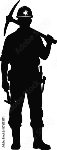 Silhouette of a miner holding a pickaxe and hammer, wearing a hard hat, isolated on transparent background