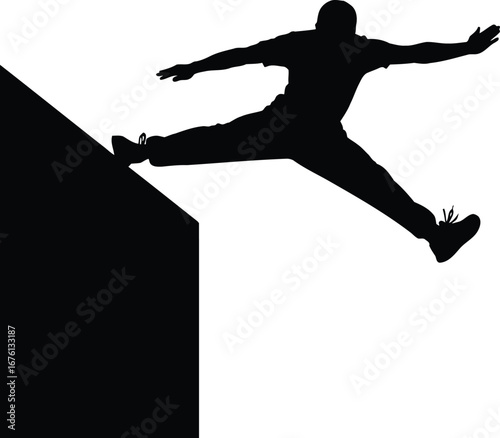 Silhouette of a man jumping over an edge, isolated on transparent background