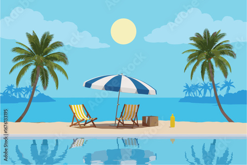 Idyllic beach resort with swimming pool palm trees and lounge chairs by the ocean summer vacation
