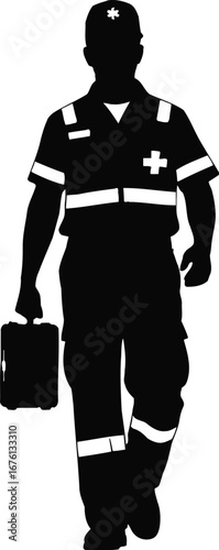 Silhouette of a paramedic walking with a medical bag isolated on transparent background
