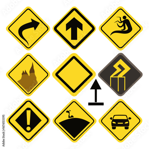 Free Download Collection of yellow diamond warning signs with black silhouettes isolated on white background - GFXLoad