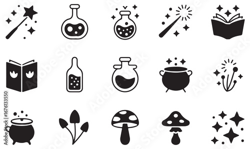 Magic and fantasy icons set with wand, potion, spell book, cauldron, sparkles, and mystical mushrooms for witchcraft and imagination design
