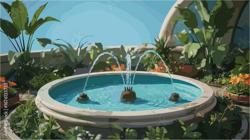 Lush Garden Fountain With Spouting Water And Tropical Plants park nature