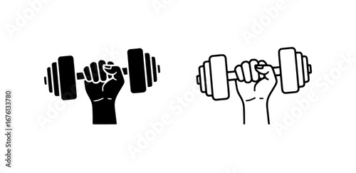 Outline and solid black vector icon of a hand lifting a dumbbell symbolizing strength and fitness