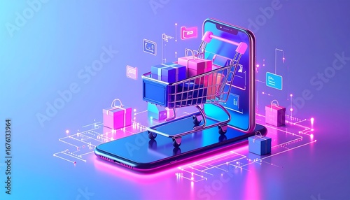 Digital shopping cart on phone.  Colorful 3D render