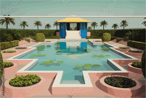 Geometric Garden With Swimming Pool And Gazebo In Tropical Setting water architecture