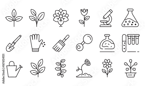 Minimal line icons pack of nature, gardening, flower, seedling, pot, rake, watering can, and ecology for agriculture and growth design
