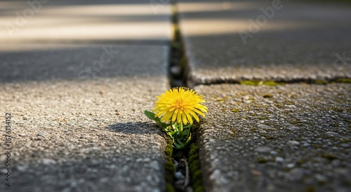 Resilient Dandelion Blooms in Concrete Crack, Symbolizing Hope and Perseverance