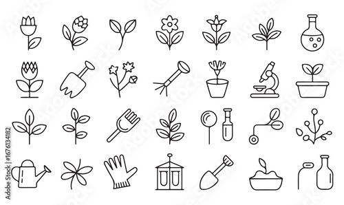 Outline vector icons of gardening, botany, microscope, test tube, flower, leaf, and potted plant for farming and environment concepts