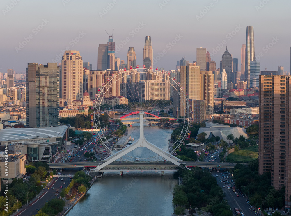 Obraz premium Aerial view of Tianjin city skyline at dusk time, Tianjin, China