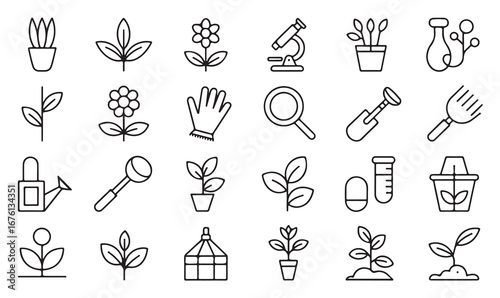 Gardening and plant line icons set with watering can, leaf, flower, pot, rake, glove, and seedling for nature and ecology design