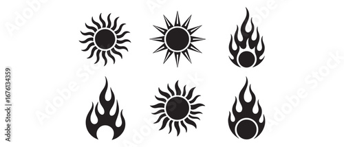 Vector Tribal tattoo set Sun, Flame Designs. Vector black silhouette. with white background