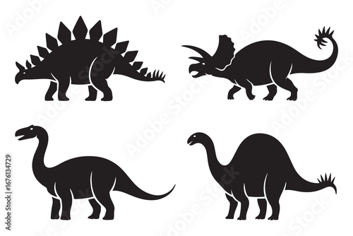 Dinosaurs black silhouettes set. Collection of stegosaurus, brontosaurus, triceratops, diplodocus, spinosaurus . Vector black silhouette. with white background