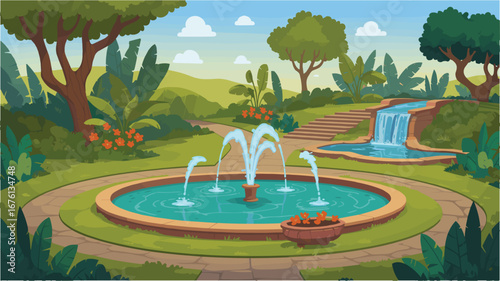 Lush green park with a circular fountain and cascading waterfall garden