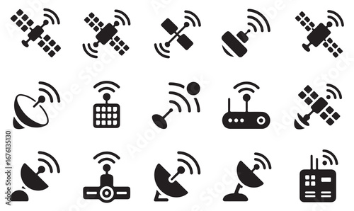 Communication and satellite outline icons set including dish, antenna, router, orbit, space, and wireless symbols for internet and data design
