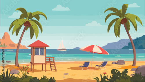 Tropical Beach Scene with Lifeguard Tower and Lounge Chairs ocean sand