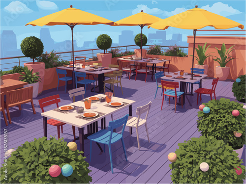 Rooftop restaurant terrace with tables umbrellas and city view dining outdoor dining