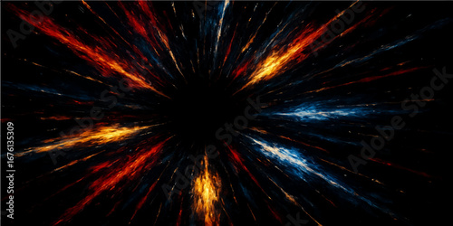 Bright fireworks glow with fiery sparks, an abstract red fractal explosion of light in the night sky