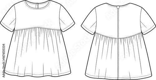 Fashion flat sketch illustration of short sleeve baby doll dress with round neckline, gathered waist, back button closure, children’s clothing template.