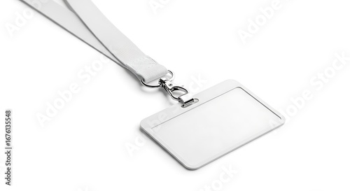 Close-Up White Lanyard Mockup with Blank ID Card on Plain White Background – Photorealistic Minimalist Design