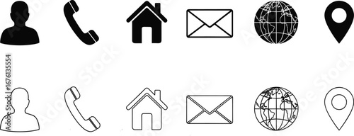 Contact icon vector set with solid and outline styles for profile, phone, email, location, website, and homepage themes