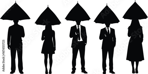 Formal silhouette vector of men and women holding umbrellas in suits and dresses for fashion, weather, anonymity, and urban themes