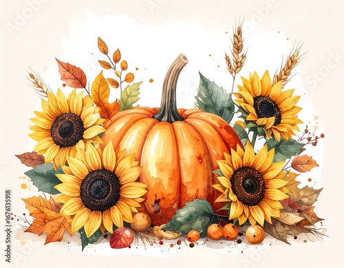 Autumnal pumpkin with sunflowers and fall leaves