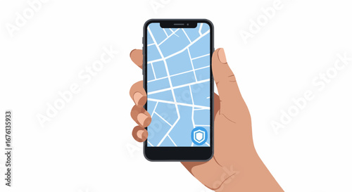 Hand holding a cell phone with maps screen.