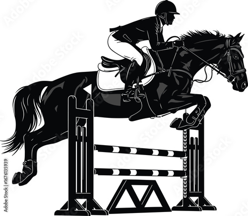 Horse jumping silhouette vector with rider in helmet clearing obstacle for equestrian sport, competition, athleticism, and training themes