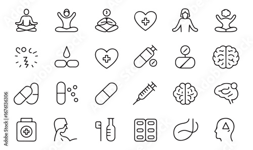 Outline vector icons of medical and mental health including meditation, pills, heart, brain, syringe, and wellness concepts for treatment design