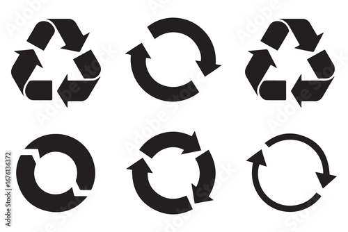 set of vector recycle symbols, reloading sign, rounded arrows collection, black outline, illustration refresh button. Vector black silhouette. with white background