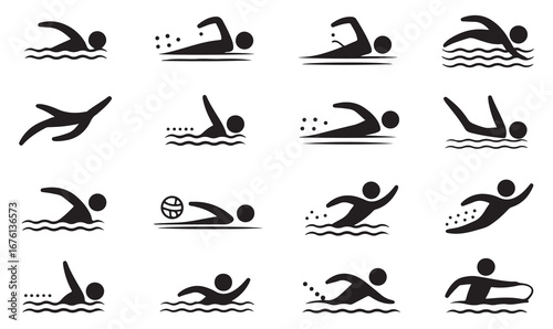 Minimal swimming icons pack showing athlete strokes, water sport, training, performance, and aquatic activity for exercise and health design