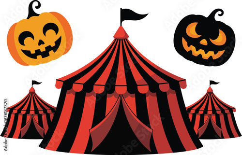 A spooky carnival collection featuring striped circus tents and carved pumpkin jack-o'-lanterns for a festive Halloween event design