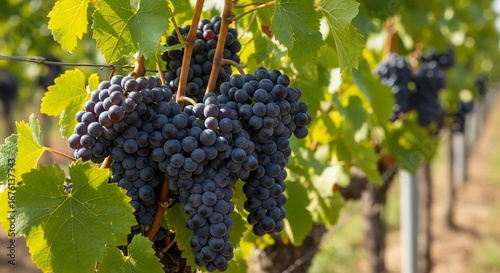 Ripe Red Grapes Hanging on Vine in Vineyard Sunlight