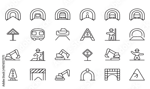 Industrial and tunnel outline icons set including bridge, digger, mining, traffic signs, slope, and engineering tools for infrastructure concepts