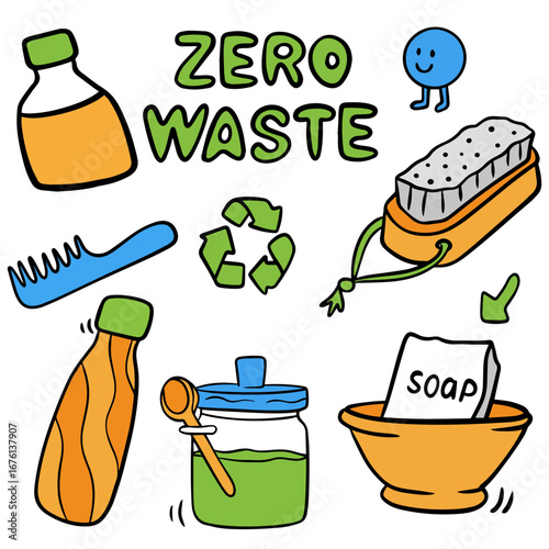 Zero Waste set including reusable water bottle, wooden comb, natural soap bar, refillable dispenser, and dish brush. 