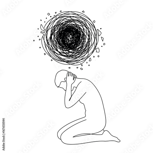 Person in distress with chaotic thoughts line art