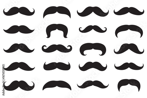 Big set of mustaches black silhouettes. Collection of men's mustaches. Vector black silhouette. with white background