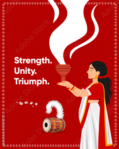 Durga Puja illustration with Maa Durga idol, woman performing dhunuchi dance, and traditional dhaak drum on a red festive background. Perfect for Navratri and Bengali celebrations.