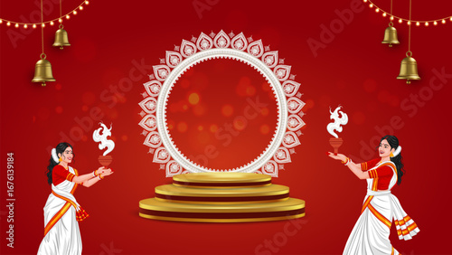 Creative Durga Puja sale template with golden podium, mandala frame, festive promotions and online advertisements.