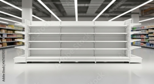 Modern supermarket aisle with a large empty white retail display shelf ready for products