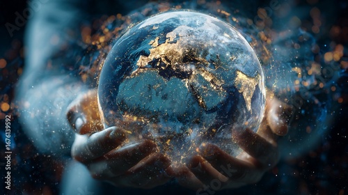 Fototapeta Naklejka Na Ścianę i Meble -  Hands Holding a Glowing Earth Globe with Illuminated Continents in Dark Background