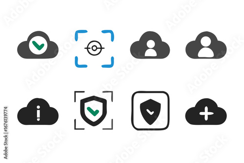 Collection of cloud service icons representing data security user profiles and information