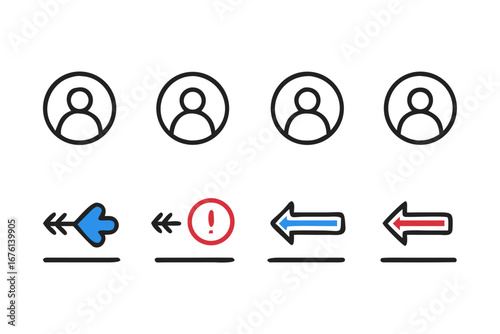 Collection of user icons and directional arrows with an exclamation mark symbol