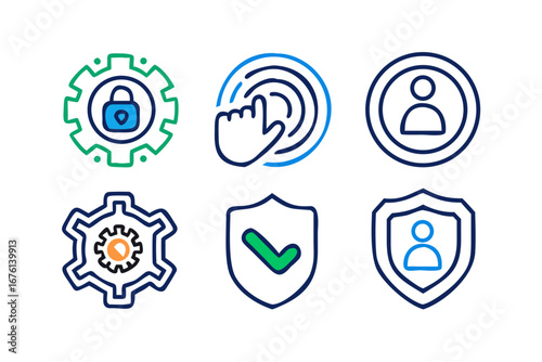 Cybersecurity and personal data protection icons featuring security and user identification