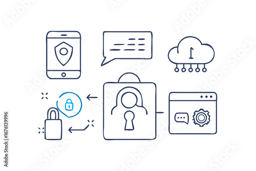 Digital security and data protection concept with icons for mobile phone cloud and user profile